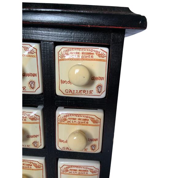 Vintage Wine Theme French Apothecary Spice Rack Wooden Box 6 Porcelain Drawers - Picture 4 of 6